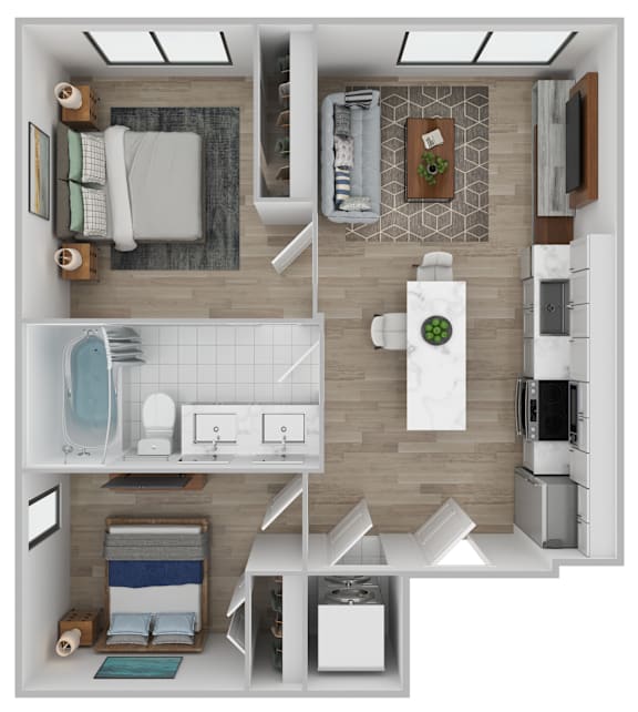 A top-down view of a modern kitchen and living room.