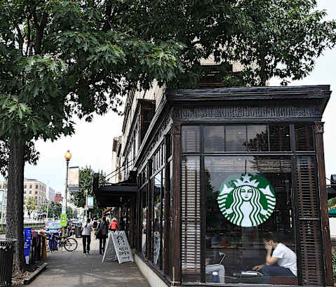 a coffee shop on a sidewalk next to a tree