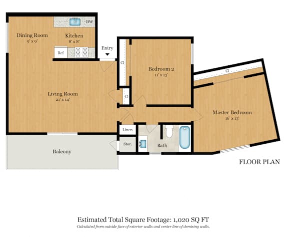 A floor plan of a house with a total square footage of 915 sq ft.