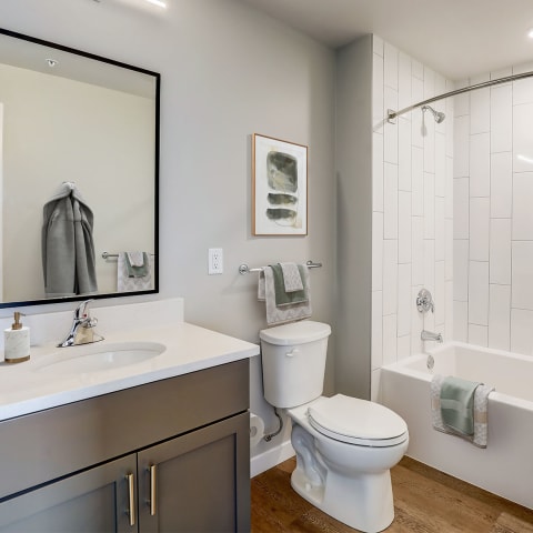 a bathroom with gray walls and a white bathtub with a shower curtain