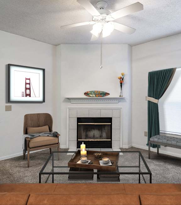 A modern living room with a white sofa and a wooden coffee table. at Park Place Oviedo Apartments, Oviedo, FL