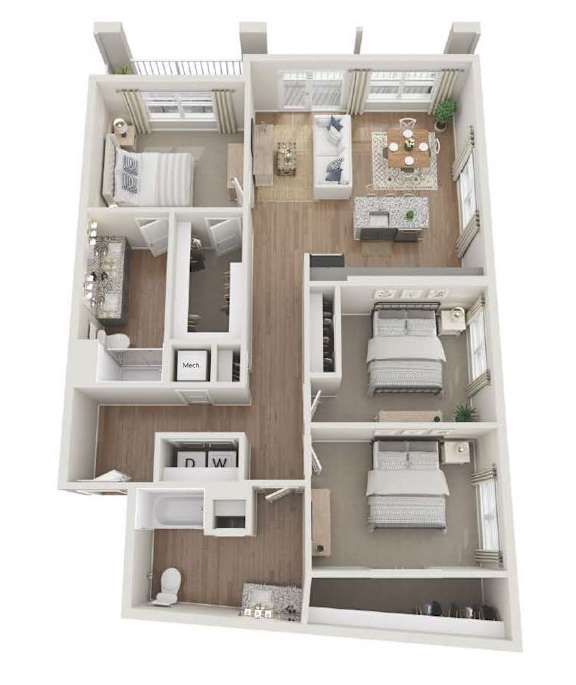 A Whitby apartment floor plan shows a 3 bedroom, 2 bathroom apartment is 1405 square feet.