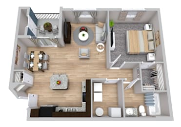A 3D floor plan of a small apartment with a kitchen, living room, and bedroom.