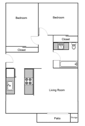 two bedroom one bathroom floor plan at greenbriar village apartments in portland, oregon