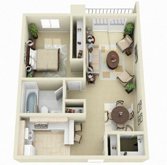 One Bedroom One Bath, 825 sq. ft. Floor Plan at Dover Hills Apartments in Kalamazoo, MI