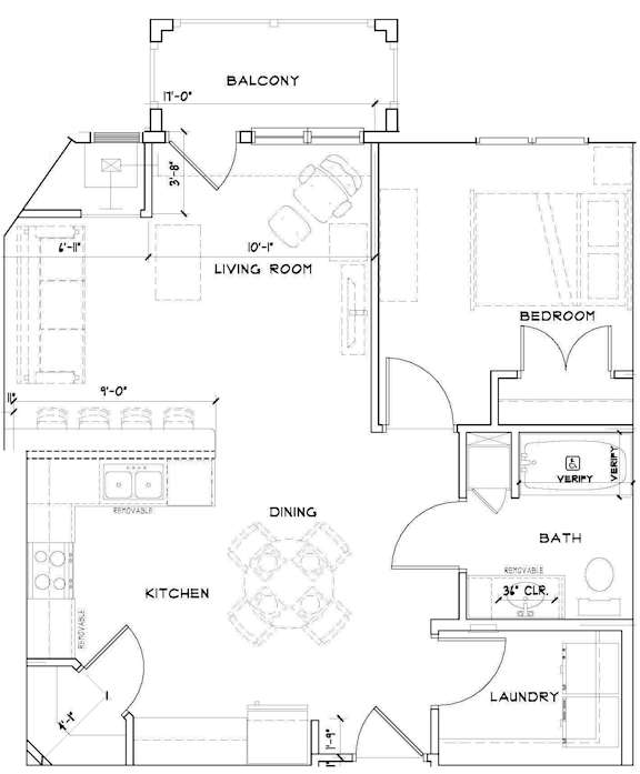 A floor plan of a house with a balcony, living room, dining area, kitchen, bathroom, and laundry room.