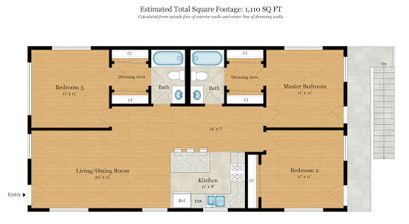 A floor plan of a house with a total estimated square footage of 905.