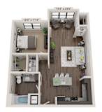 A floor plan of a small apartment with a kitchen, living room, and bathroom.