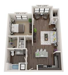 A floor plan of a small apartment with a kitchen, living room, and bathroom.
