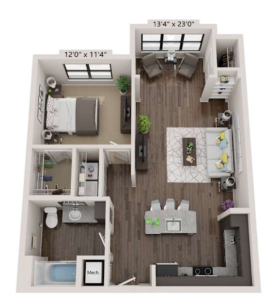A floor plan of a small apartment with a kitchen, living room, and bathroom.