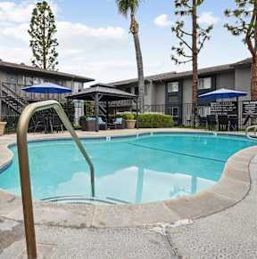 A swimming pool surrounded by trees and chairs.