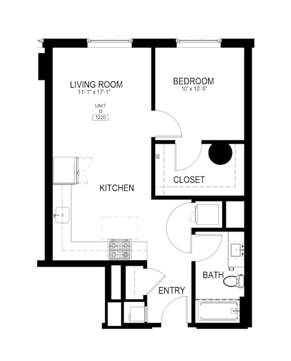 A black and white image of a floor plan for a 1 bedroom apartment.