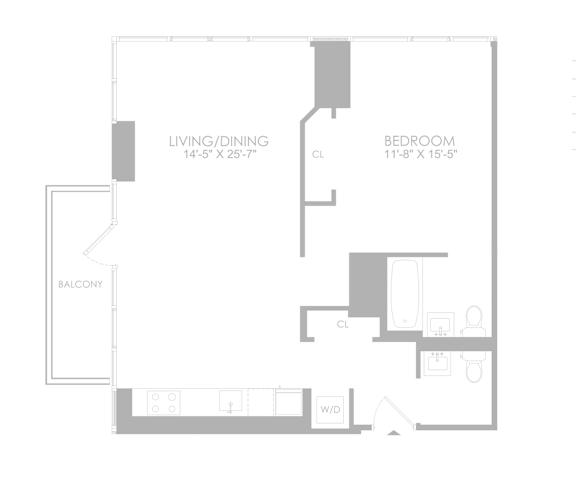 Floor Plan  A floor plan for an apartment with a living room, dining room, bedroom, and bathroom.