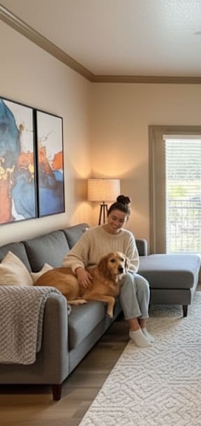 A woman is sitting on a couch with a dog in a living room.