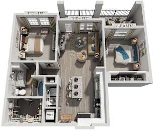 2 Bed 1 Bath Floor Plan | 935 Sq. Ft. at The Louis Apartment Flats, Louisville, 40241
