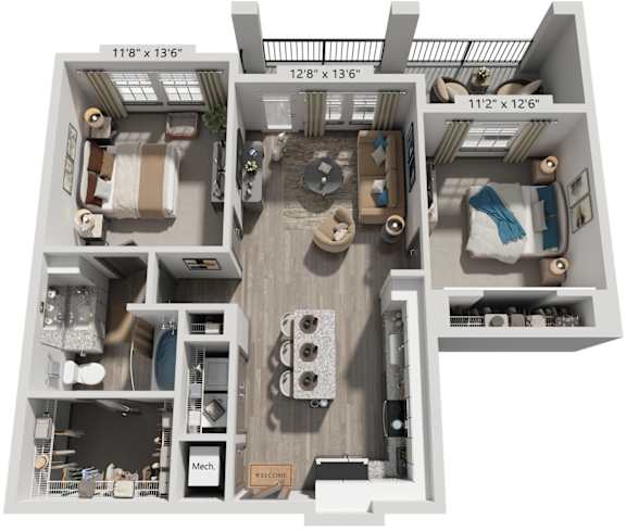 2 Bed 1 Bath Floor Plan | 935 Sq. Ft. at The Louis Apartment Flats, Louisville, 40241