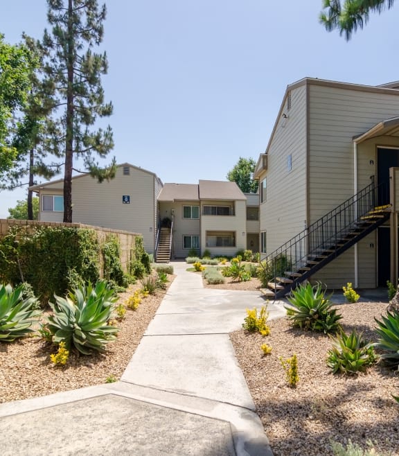 a sidewalk in front of a building with plants and trees at Aspire Rialto, California, 92376