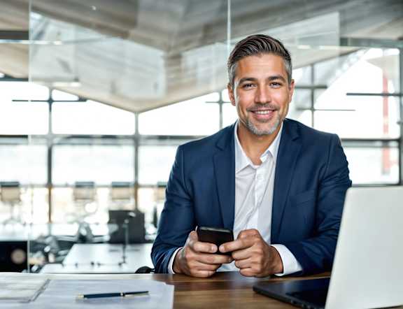 A man in a suit is sitting at a desk with a laptop and a phone in his hands.