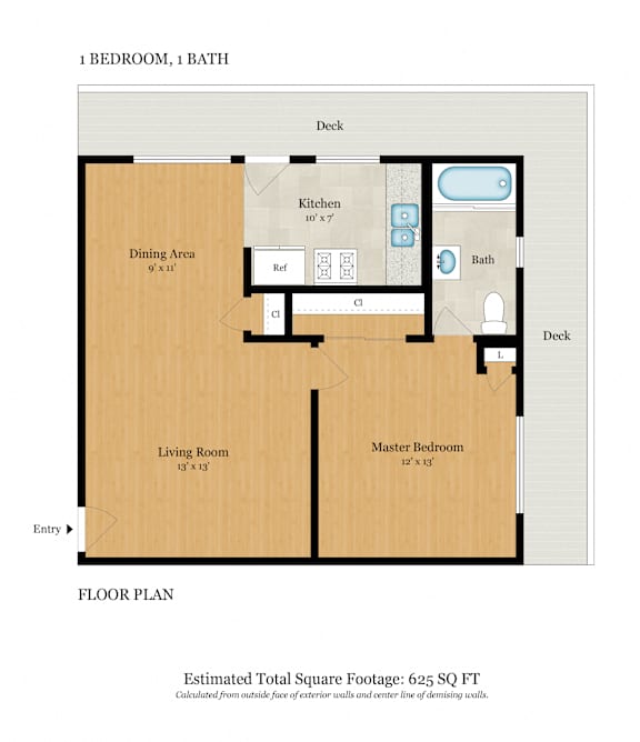 A floor plan of a house with a total estimated square footage of 905.