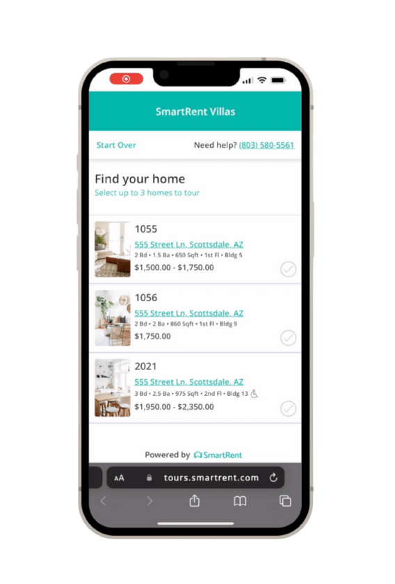 A mobile screen displays three property listings with their respective prices per month, addresses, and some additional details.