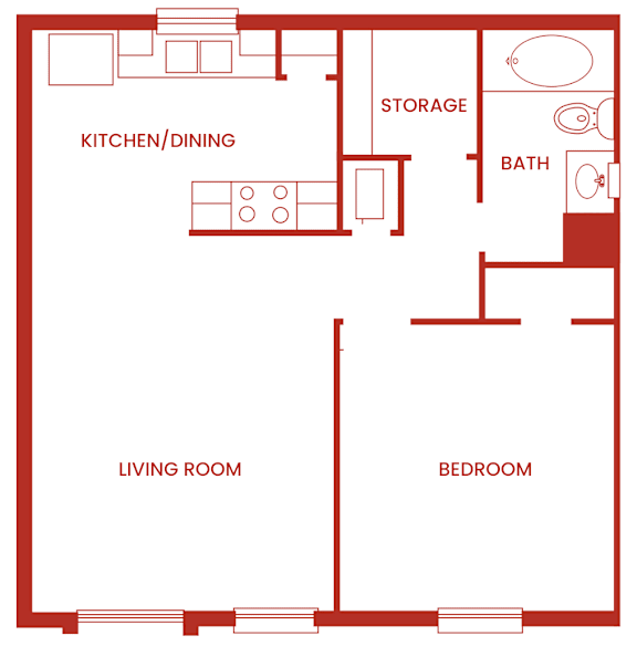 A red floor plan of a living unit type A.