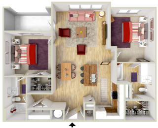 Floor Plan  4700 Colonnade apartments Birmingham Alabama two-bedroom floorplan in 3d Rendering