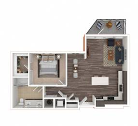 A floor plan of a house with a kitchen, living room, and bathroom.