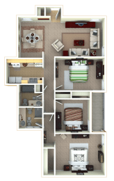 3 Bedroom, 2 Bathroom Floor Plan at Vineyard Terrace Apartments, Napa