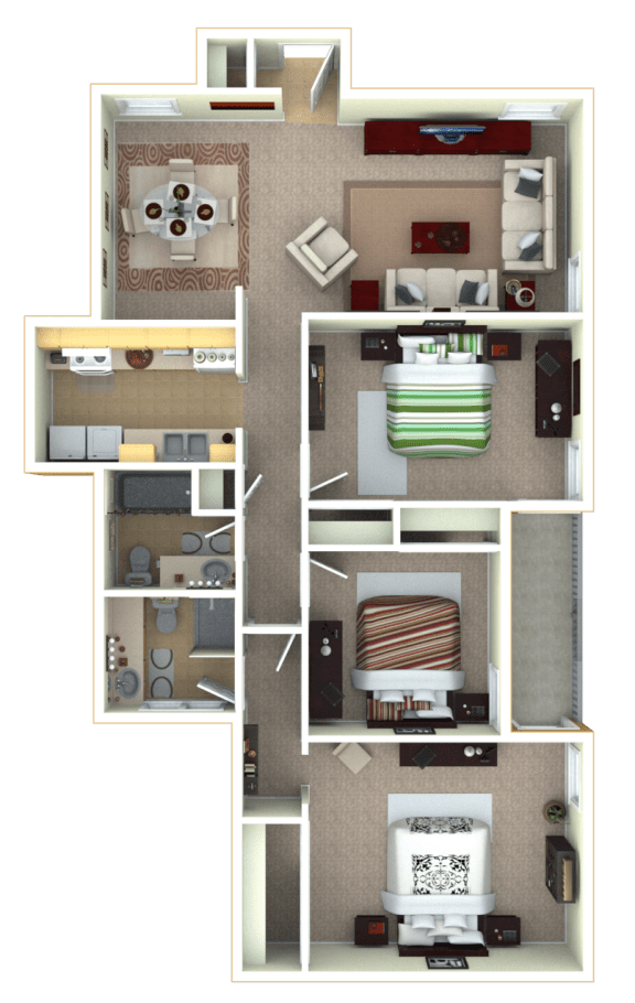 3 Bedroom, 2 Bathroom Floor Plan at Vineyard Terrace Apartments, Napa
