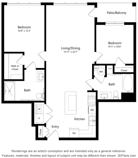 2 bed 2 bath floor plan Bat Preserve at Peachtree Shoals 55&#x2B; Apartments, Dacula