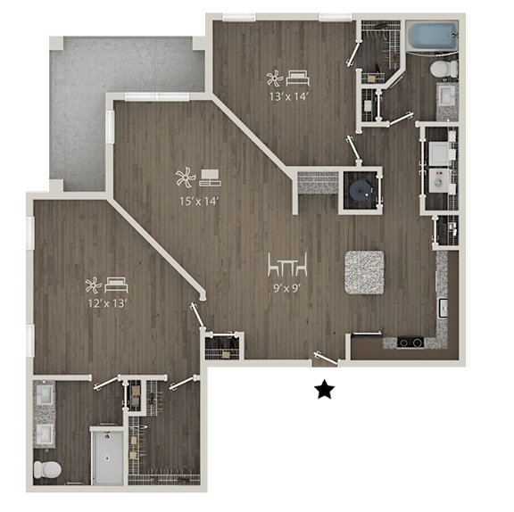 A floor plan of a house with a kitchen, living room, and two bedrooms.