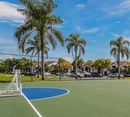 A sports court surrounded by palm trees and residential buildings.