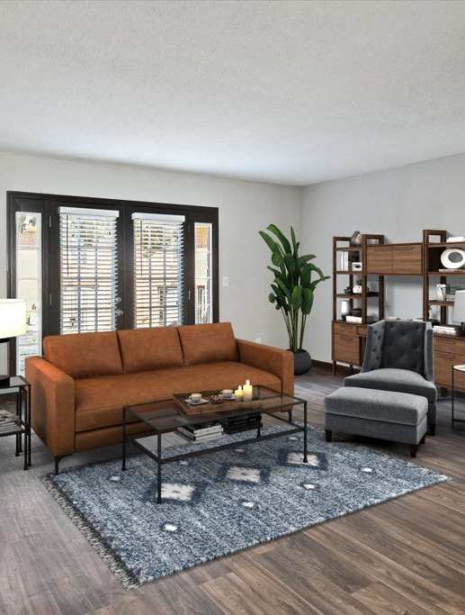 the living room has a large window and a coffered ceiling at The Ridge at Chenal Valley, Little Rock, Arkansas