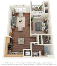One Bedroom 1 bathroom  Floor Plan at South Range Crossings