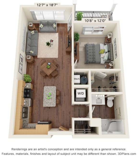 1 bedroom 1 bathroom floor plan at Preserve at Peachtree Shoals 55&#x2B; Apartments, Dacula, 30019