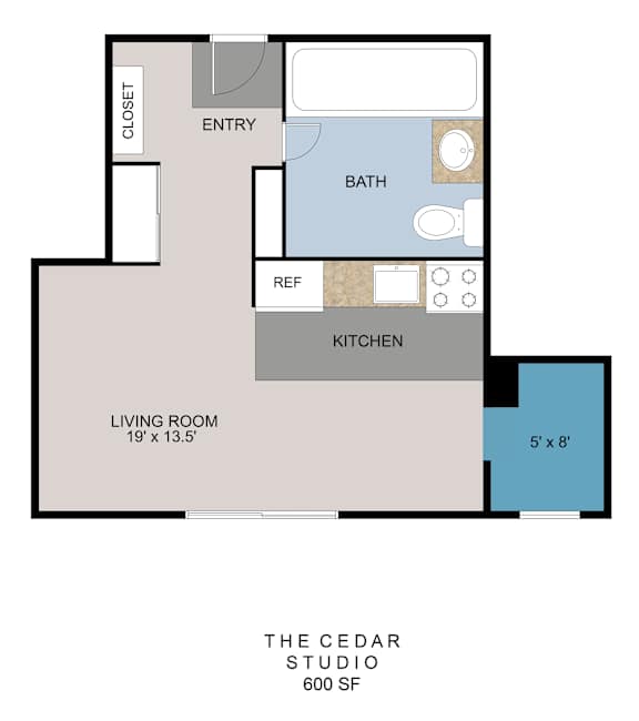 A floor plan of a home with a living room, kitchen, bathroom, and entry.