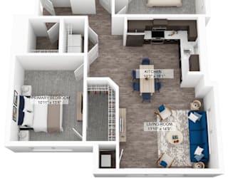 a stylized floor plan of a 2100 sq ft apartment