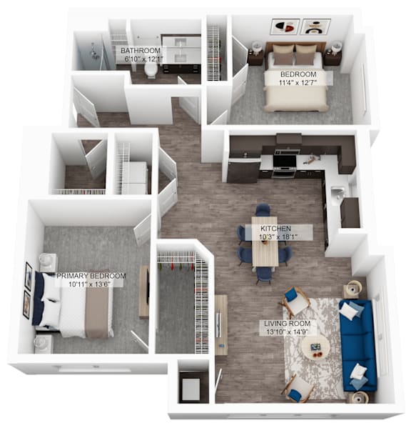 a stylized floor plan of a 2100 sq ft apartment