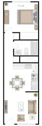 A floor plan of a one bedroom home at The Lakes Apartments, Washington