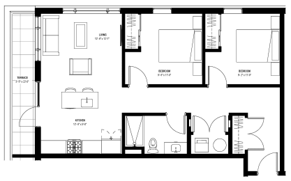2 bed 1 bath floor plan A at Glassworks, Pennsylvania, PA