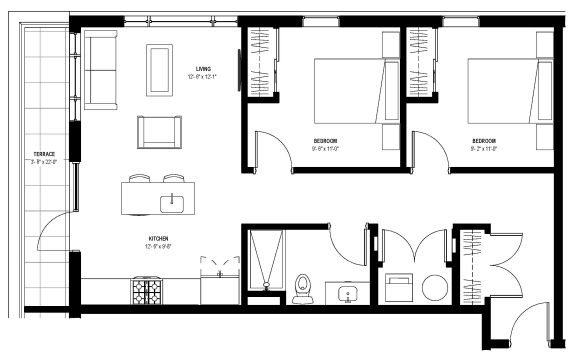 2 bed 1 bath floor plan A at Glassworks, Pennsylvania, PA
