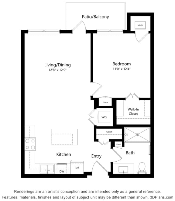 1 Bedroom 1 Bath Floor Plan at Bren Road Station 55+ Apartments, Minnesota, 55343