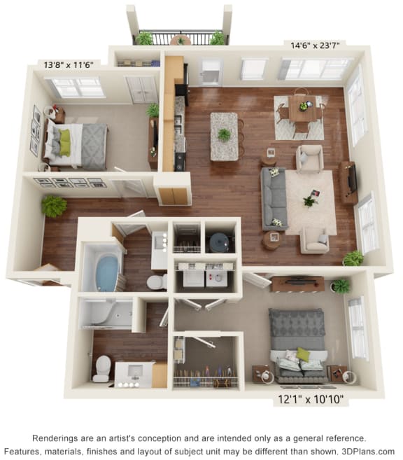2 bed 2 bath floor plan E at Preserve at Peachtree Shoals 55+ Apartments, Dacula, GA, 30019