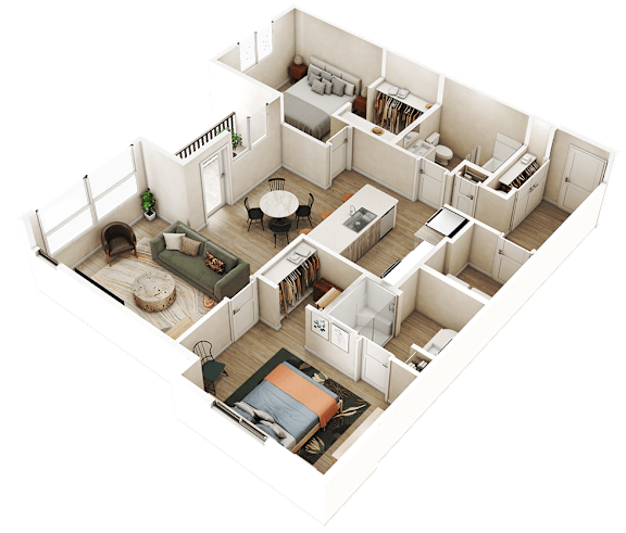 3d floor plan of a 2100 sq ft home
