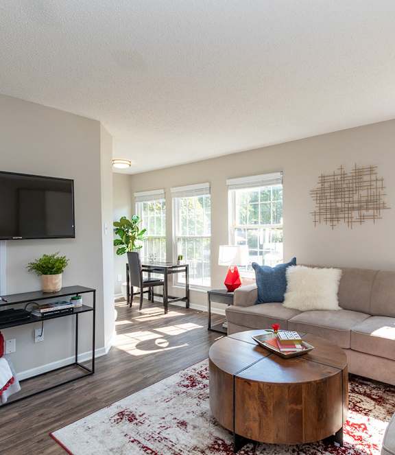 A living room with a couch, a coffee table, and a television.