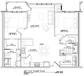 A floor plan of a house with a living room, two bedrooms, a bathroom, and a kitchen.