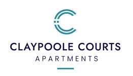 a logo for claypool courts apartments on a green background