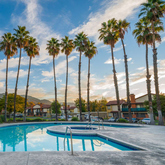 a swimming pool with palm trees in front of a resort
