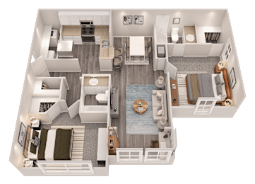 A 3D floor plan of a house with a living room, kitchen, dining room, and bedrooms.