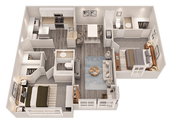 A 3D floor plan of a house with a living room, kitchen, dining room, and bedrooms.